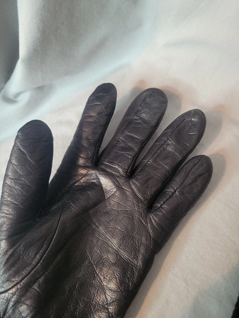 Vintage Black Leather Gloves with Gray Knit Cuffs